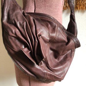 Vintage 70s Ruched Cross Body Leather Bohemian Hobo Bag Purse